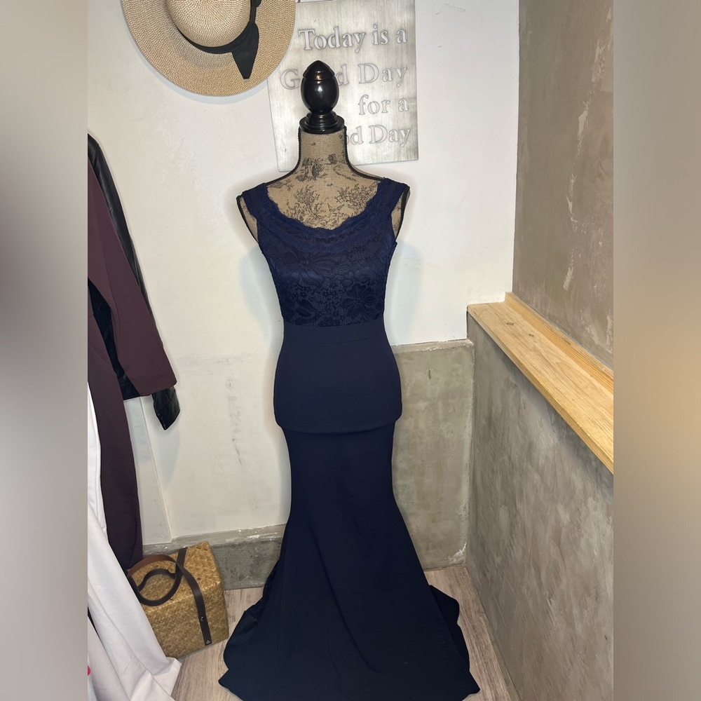 MissGuided Navy bardot lace long fishtail hem dress